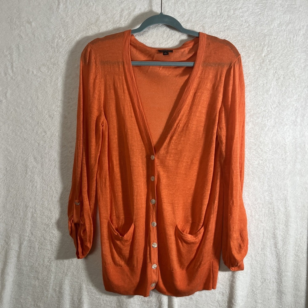 Ann Taylor Orange Linen Blend Open Front Button Up Cardigan Tab Sleeve Size L